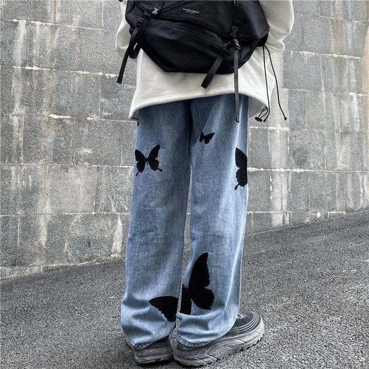 Butterfly Embroidered Wide Leg Jeans, Mid-Rise Stretch Denim, Comfortable Casual Fit with Eye-Catching Designs