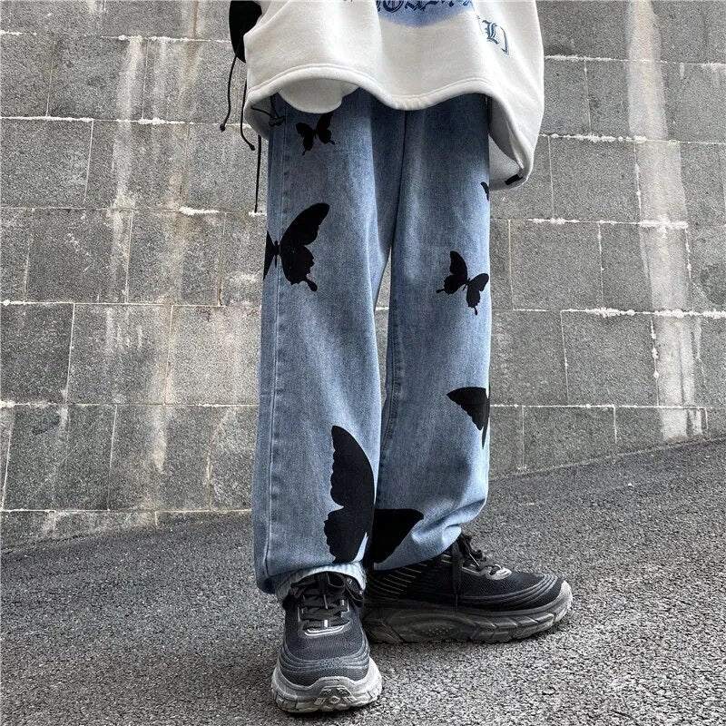 Butterfly Embroidered Wide Leg Jeans, Mid-Rise Stretch Denim, Comfortable Casual Fit with Eye-Catching Designs