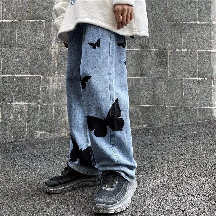 Butterfly Embroidered Wide Leg Jeans, Mid-Rise Stretch Denim, Comfortable Casual Fit with Eye-Catching Designs