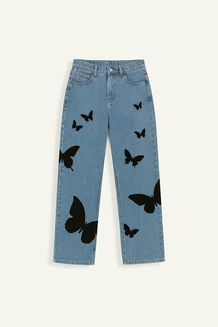 Butterfly Embroidered Wide Leg Jeans, Mid-Rise Stretch Denim, Comfortable Casual Fit with Eye-Catching Designs