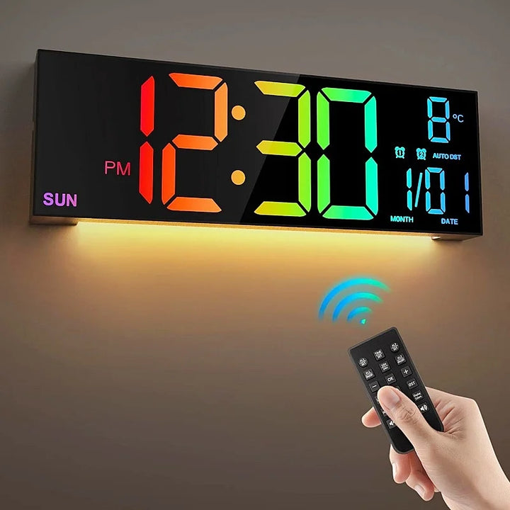 Large Digital Wall Clock with Remote Control, RGB Mood Lighting, Dual Alarm and Countdown Timer for Home or Office