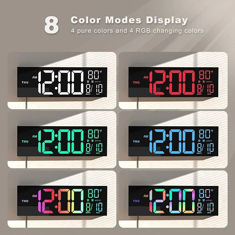 Large Digital Wall Clock with Remote Control, RGB Mood Lighting, Dual Alarm and Countdown Timer for Home or Office