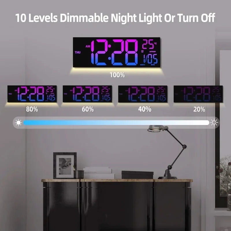 Large Digital Wall Clock with Remote Control, RGB Mood Lighting, Dual Alarm and Countdown Timer for Home or Office