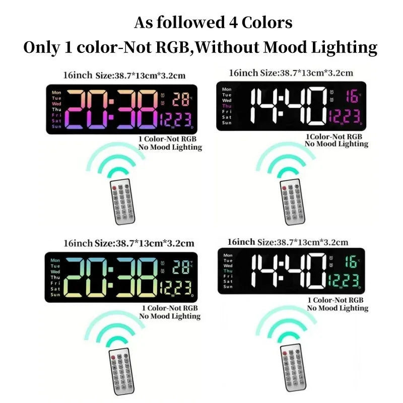 Large Digital Wall Clock with Remote Control, RGB Mood Lighting, Dual Alarm and Countdown Timer for Home or Office