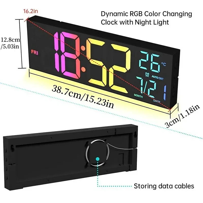 Large Digital Wall Clock with Remote Control, RGB Mood Lighting, Dual Alarm and Countdown Timer for Home or Office