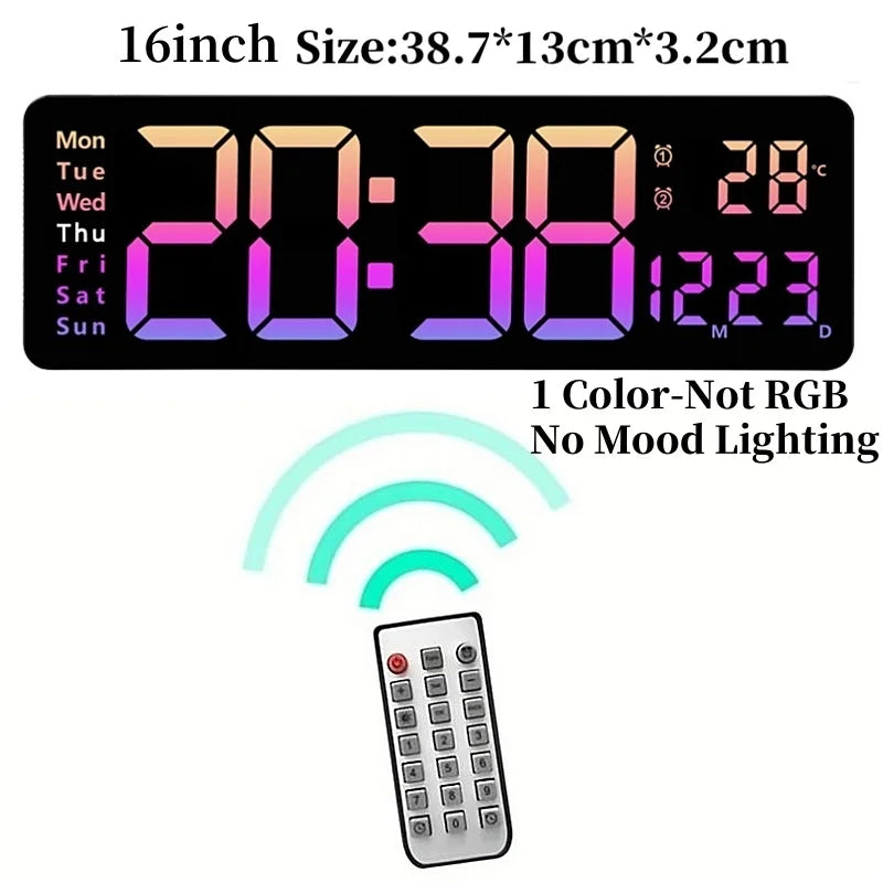 Large Digital Wall Clock with Remote Control, RGB Mood Lighting, Dual Alarm and Countdown Timer for Home or Office