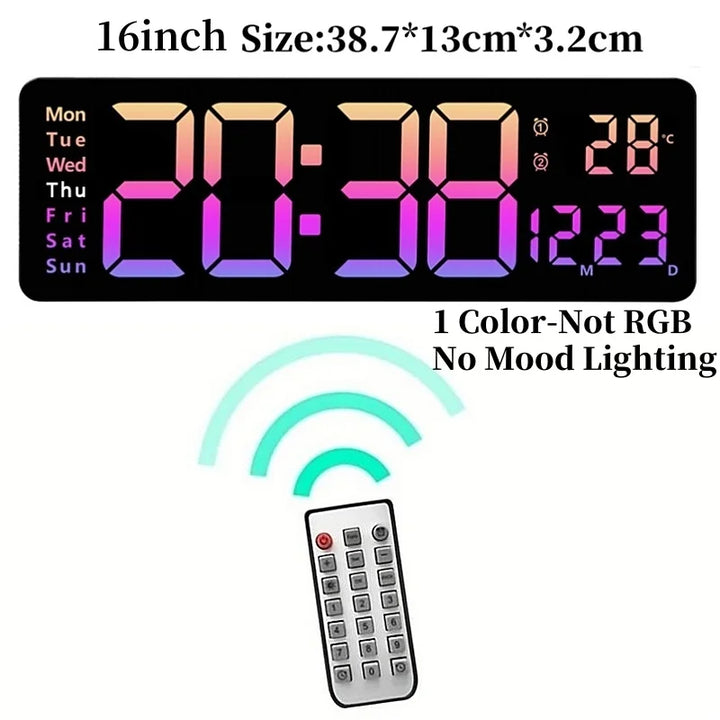 Large Digital Wall Clock with Remote Control, RGB Mood Lighting, Dual Alarm and Countdown Timer for Home or Office