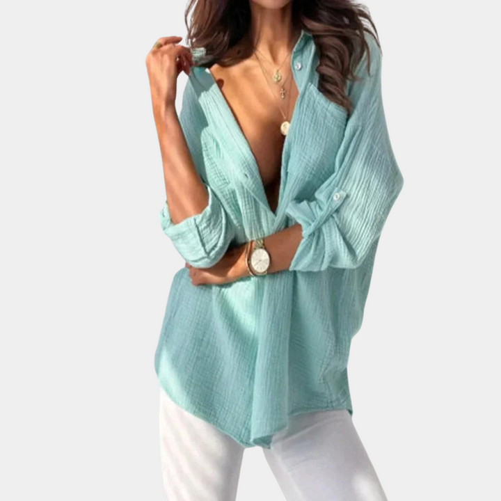 Lightweight &amp; versatile women’s button-up blouse – breathable design, for summer, easily paired