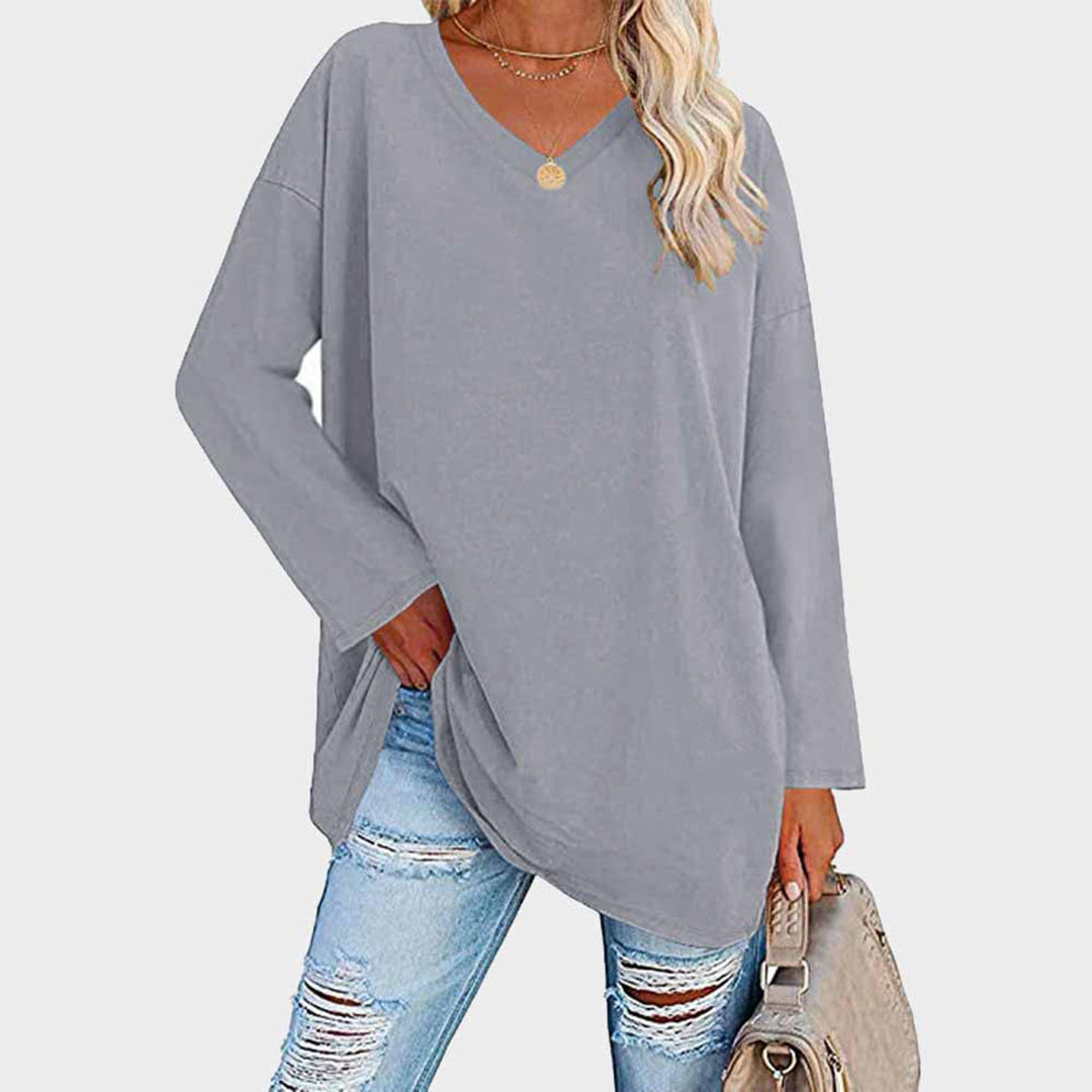 Lightweight &amp; oversized women’s blouse – long sleeve v-neck, polyester, for summer