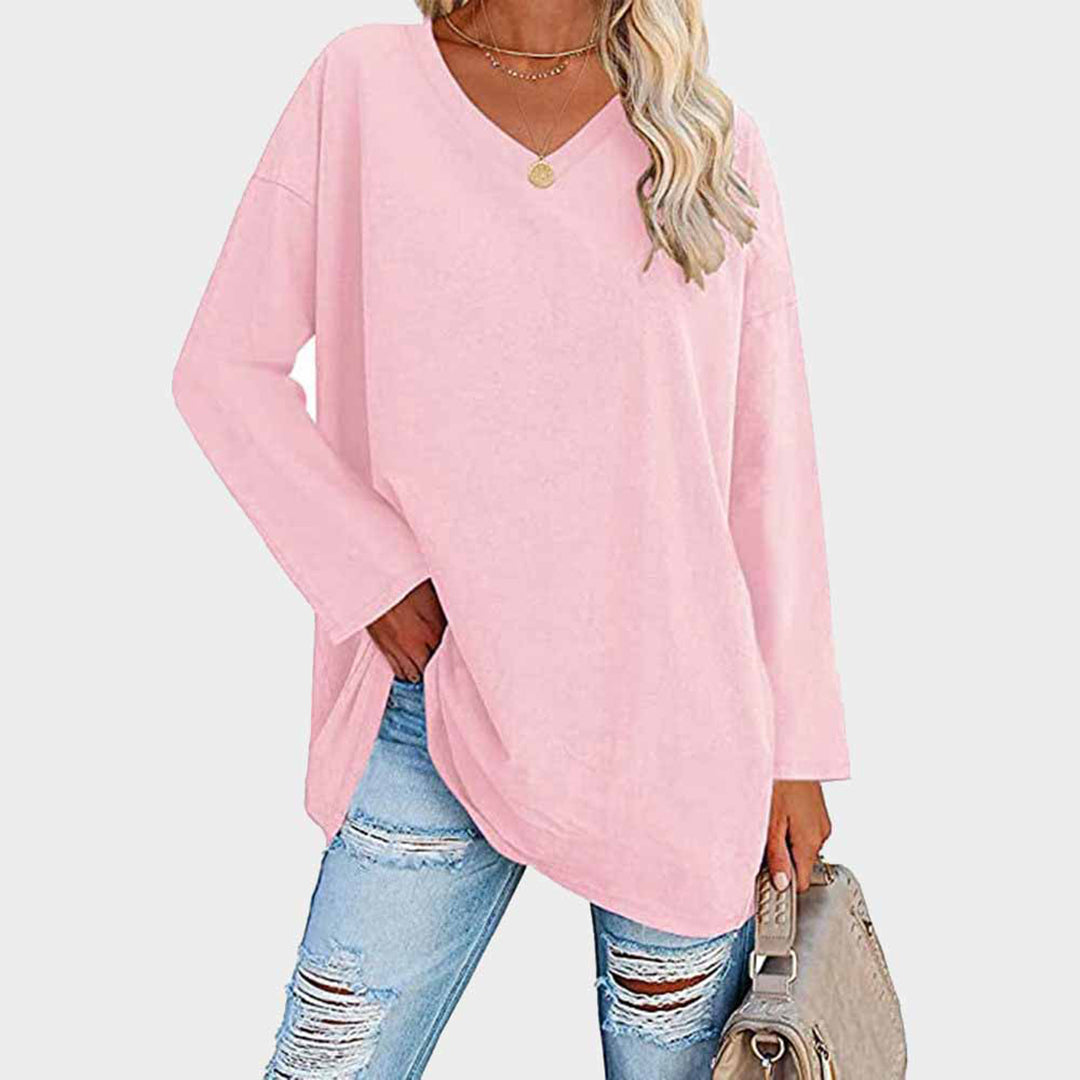 Lightweight &amp; oversized women’s blouse – long sleeve v-neck, polyester, for summer