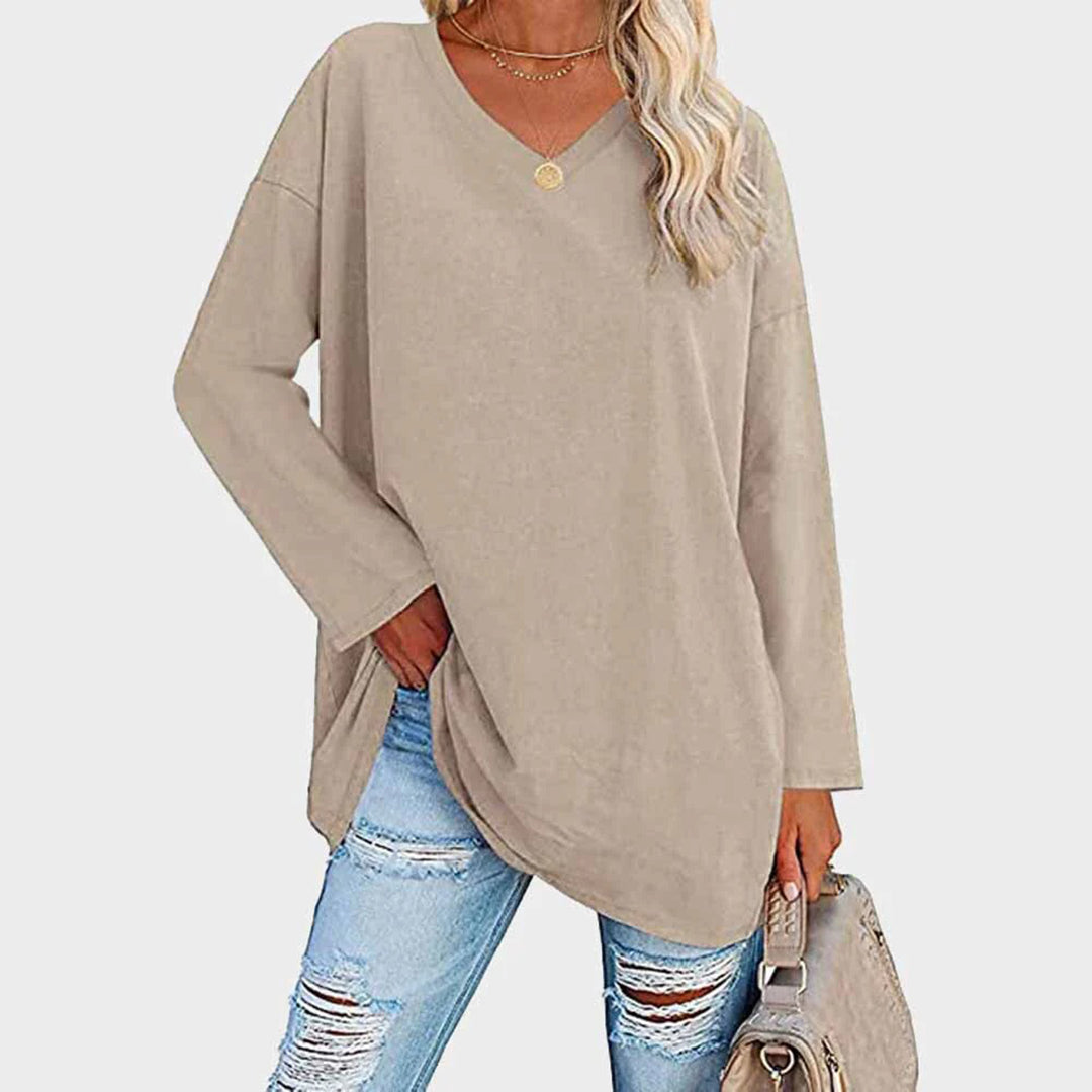 Lightweight &amp; oversized women’s blouse – long sleeve v-neck, polyester, for summer