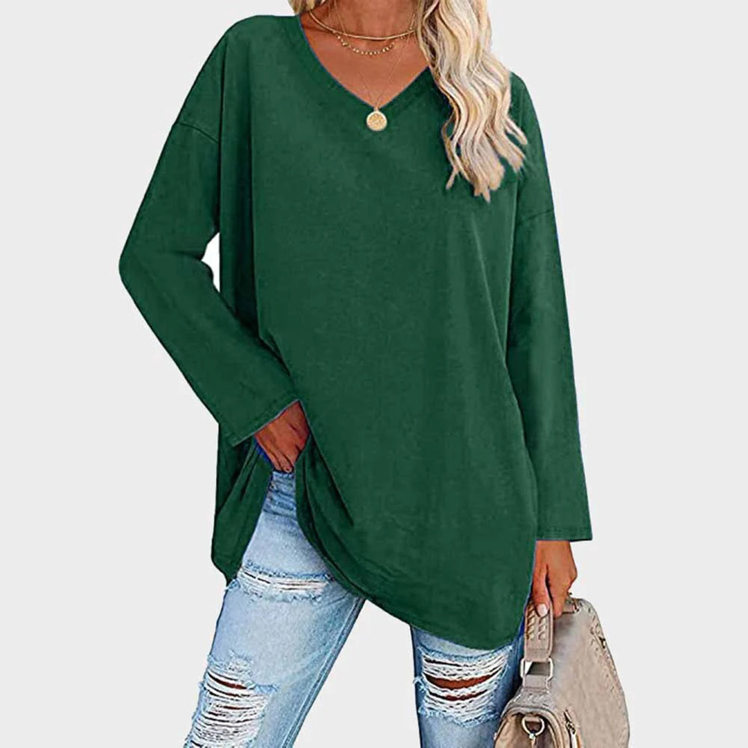 Lightweight &amp; oversized women’s blouse – long sleeve v-neck, polyester, for summer