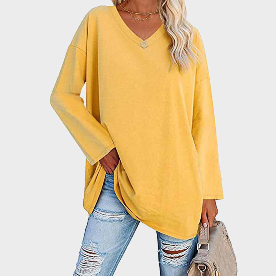 Lightweight &amp; oversized women’s blouse – long sleeve v-neck, polyester, for summer