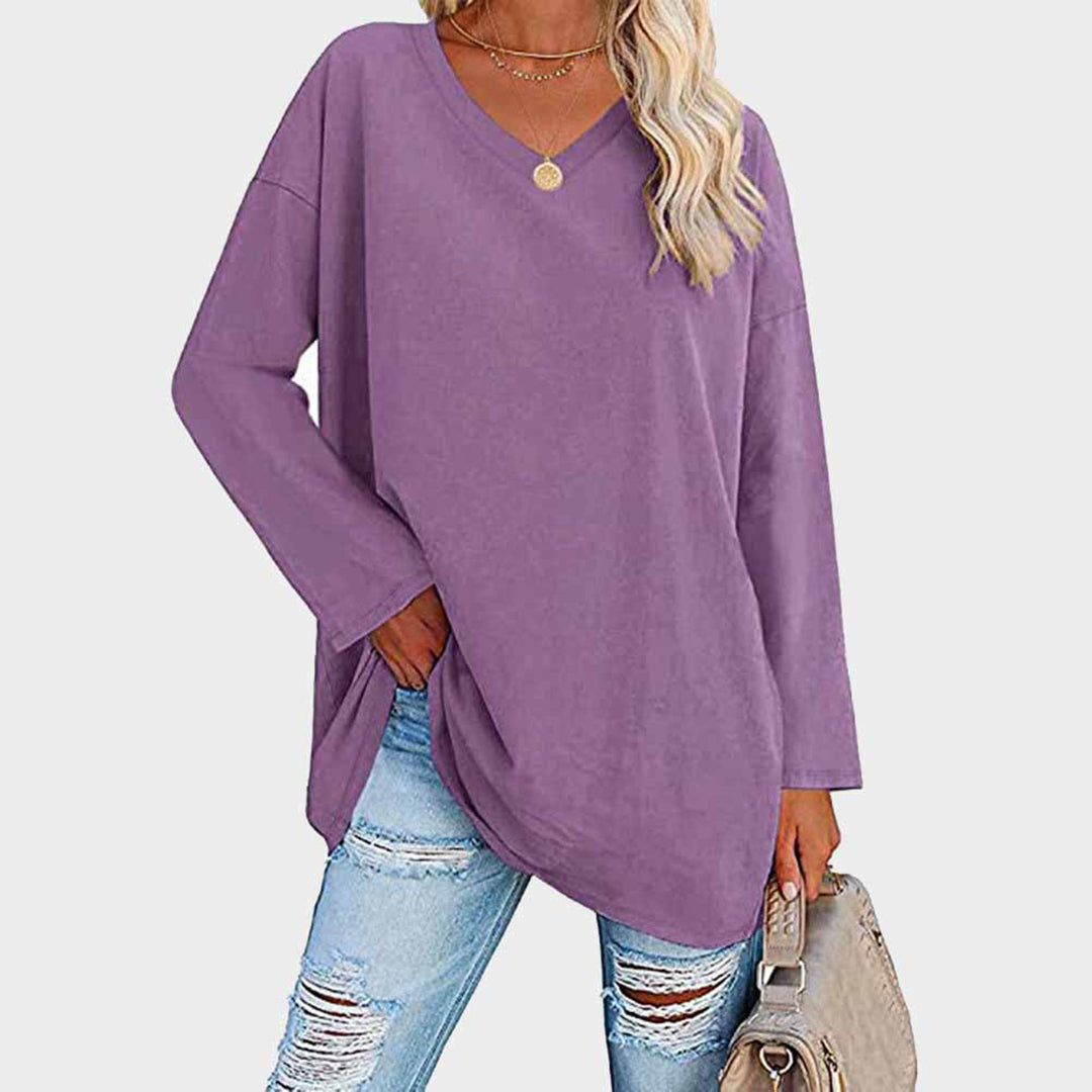 Lightweight &amp; oversized women’s blouse – long sleeve v-neck, polyester, for summer