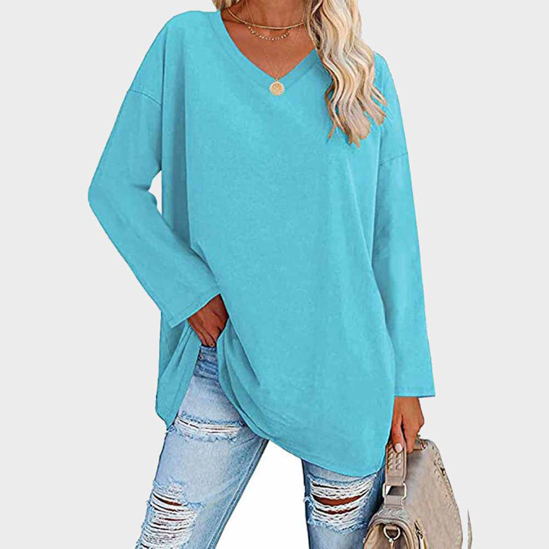 Lightweight &amp; oversized women’s blouse – long sleeve v-neck, polyester, for summer