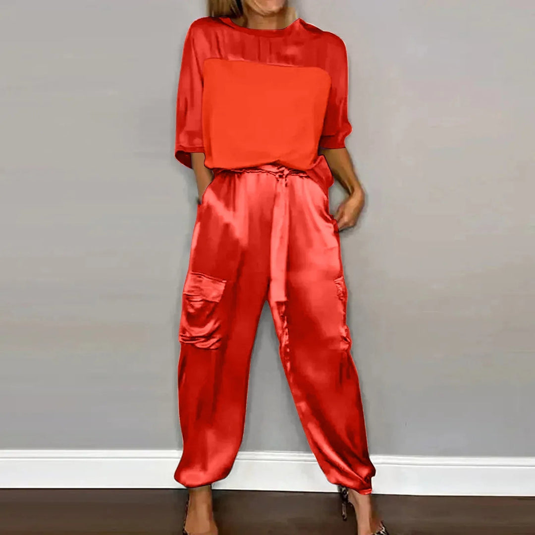 Lightweight &amp; Flattering women’s two-piece set – half-sleeve blouse, breathable satin, for casual and evening wear