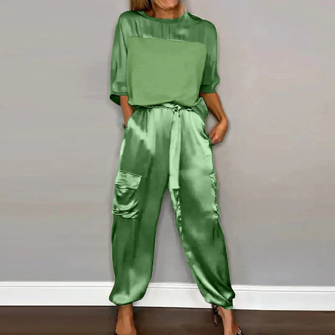 Lightweight &amp; Flattering women’s two-piece set – half-sleeve blouse, breathable satin, for casual and evening wear