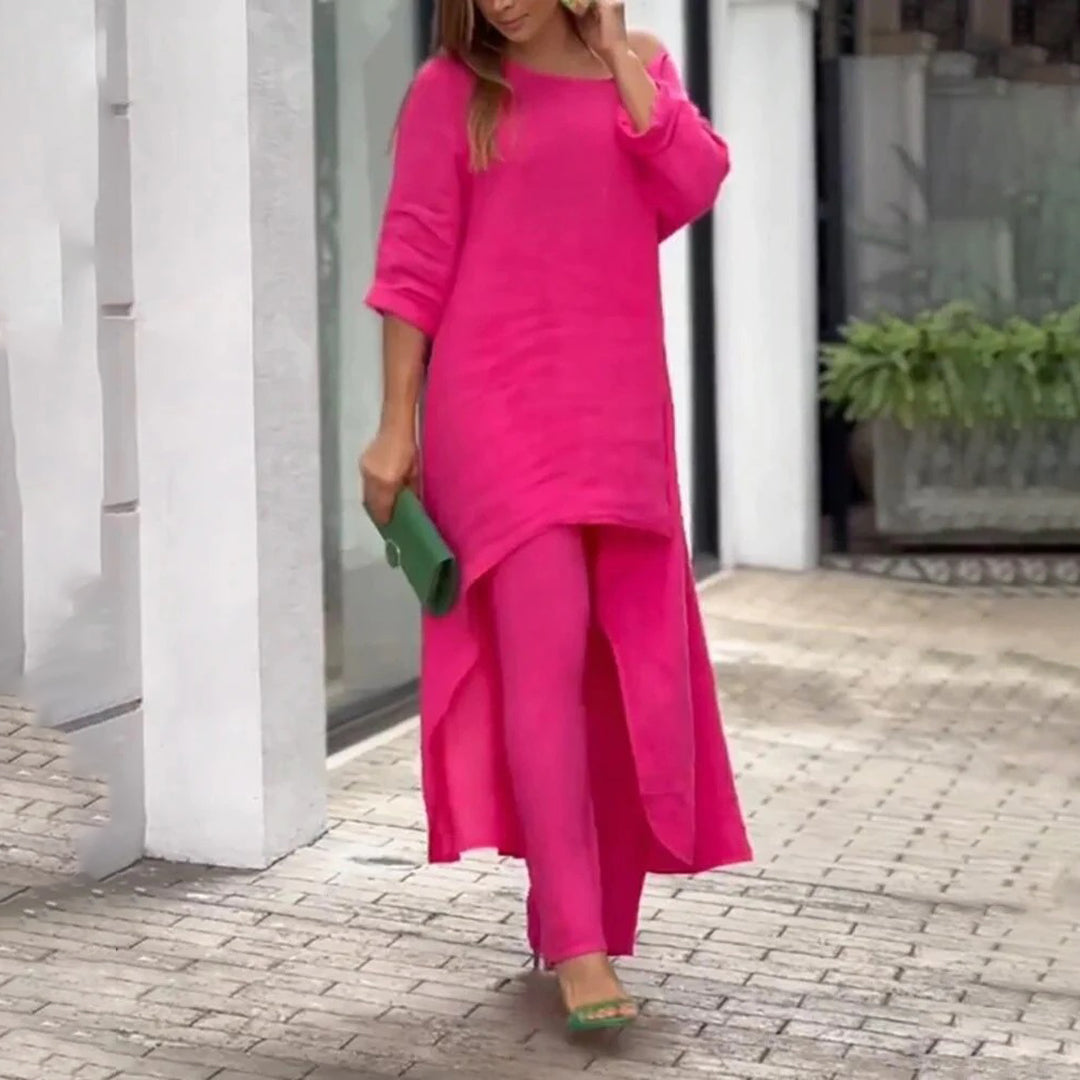 Lightweight &amp; Flattering women’s two-piece set – airy blouse and pants, linen and cotton, for summer outings