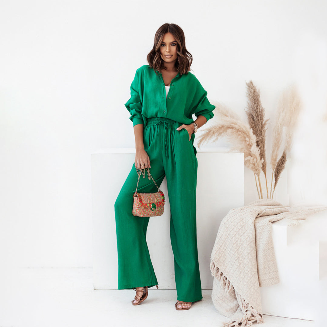 Lightweight &amp; cozy women’s casual set – long sleeve top and matching pants, breathable cotton, for summer activities