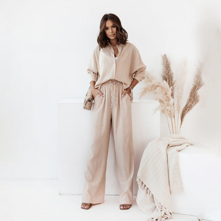 Lightweight &amp; cozy women’s casual set – long sleeve top and matching pants, breathable cotton, for summer activities