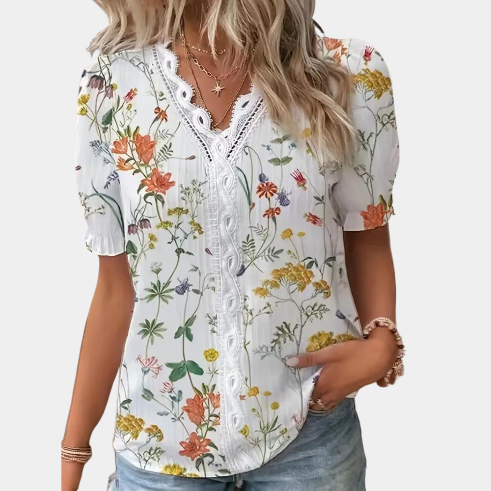 Lightweight &amp; Flattering Women’s Blouse – Floral Lace Trim, Breathable Fabric, for Summer Outings