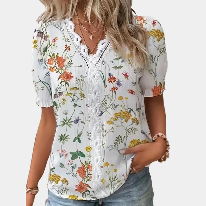 Lightweight &amp; Flattering Women’s Blouse – Floral Lace Trim, Breathable Fabric, for Summer Outings