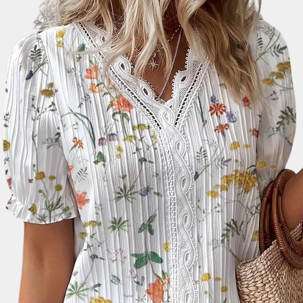 Lightweight &amp; Flattering Women’s Blouse – Floral Lace Trim, Breathable Fabric, for Summer Outings