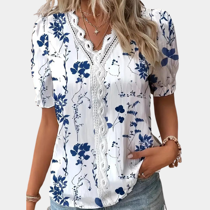 Lightweight &amp; Flattering Women’s Blouse – Floral Lace Trim, Breathable Fabric, for Summer Outings