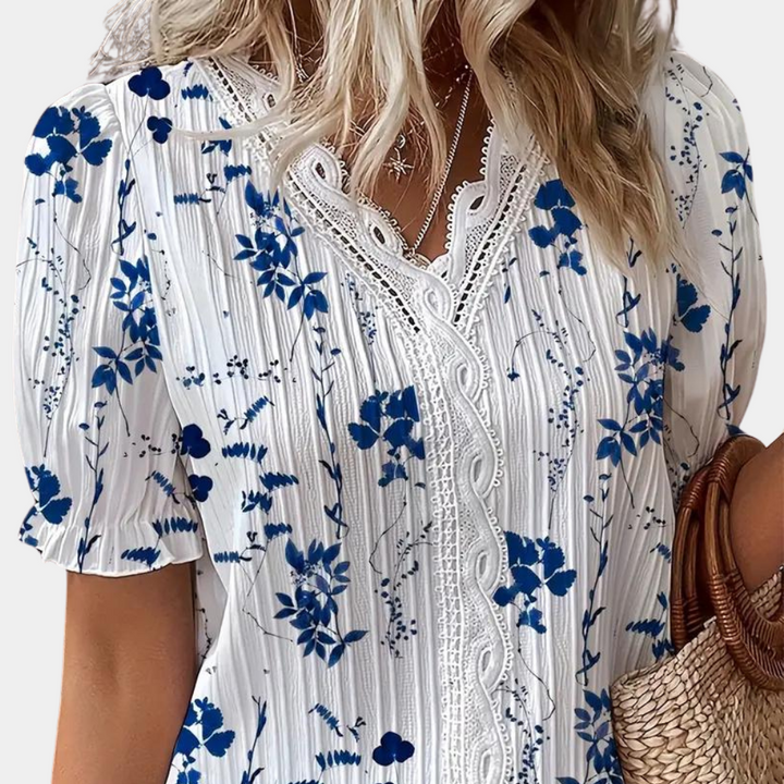 Lightweight &amp; Flattering Women’s Blouse – Floral Lace Trim, Breathable Fabric, for Summer Outings