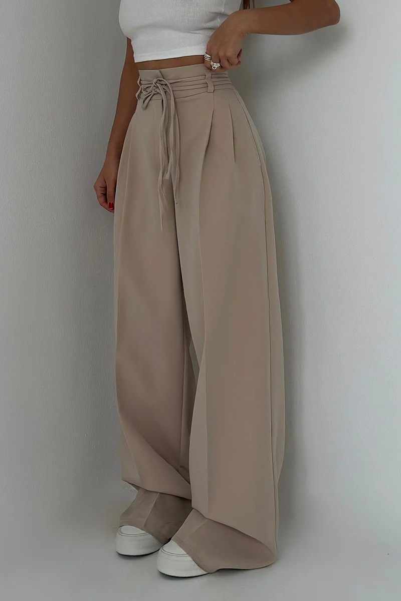 High-Waisted Wide Leg Trousers with Adjustable Belt in Beige, Soft Flowy Fabric, Loose Fit Palazzo Pants