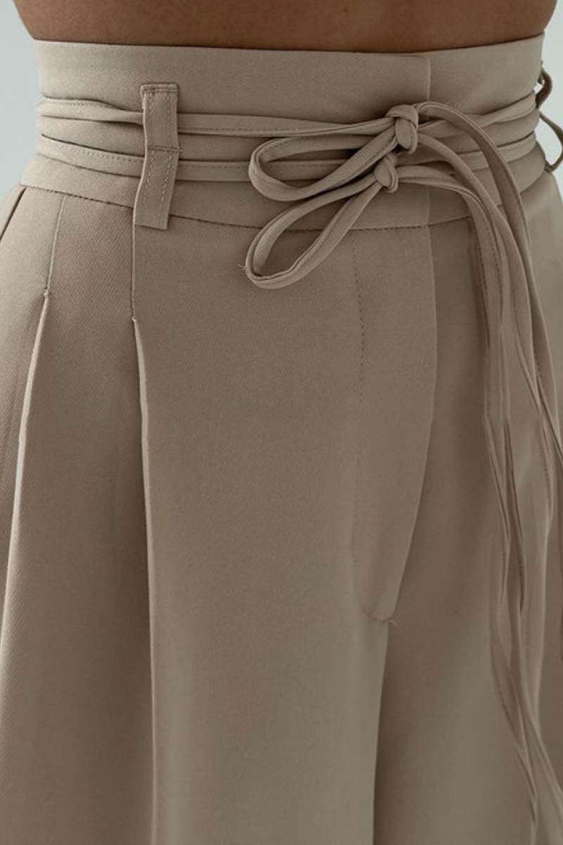 High-Waisted Wide Leg Trousers with Adjustable Belt in Beige, Soft Flowy Fabric, Loose Fit Palazzo Pants