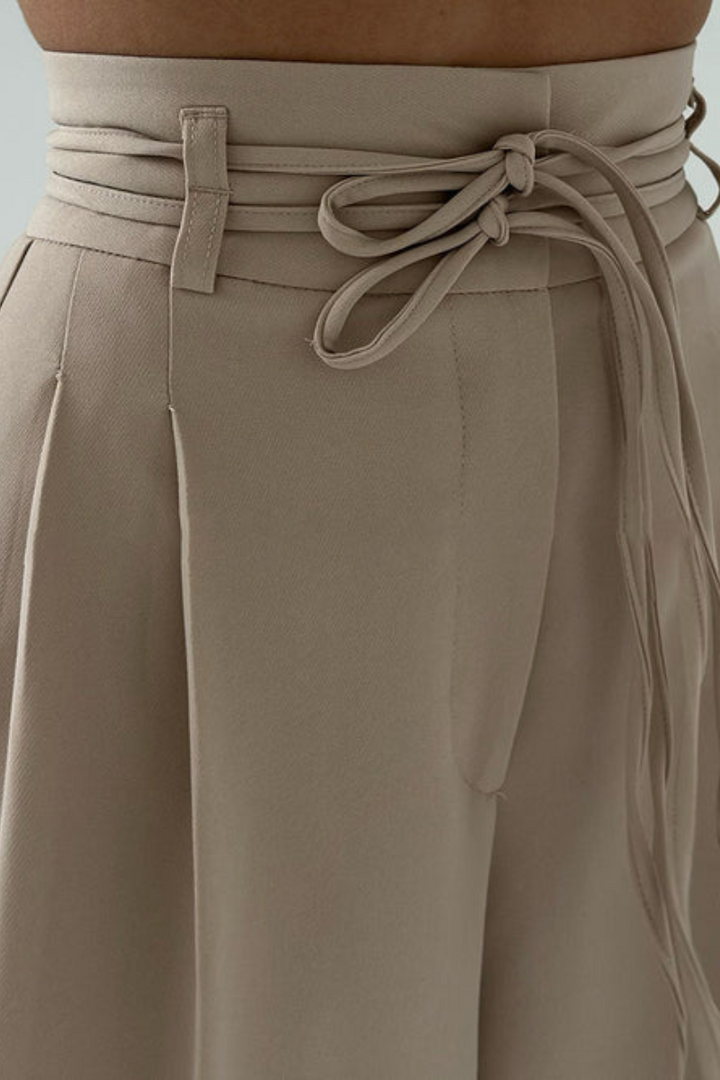 High-Waisted Wide Leg Trousers with Adjustable Belt in Beige, Soft Flowy Fabric, Loose Fit Palazzo Pants