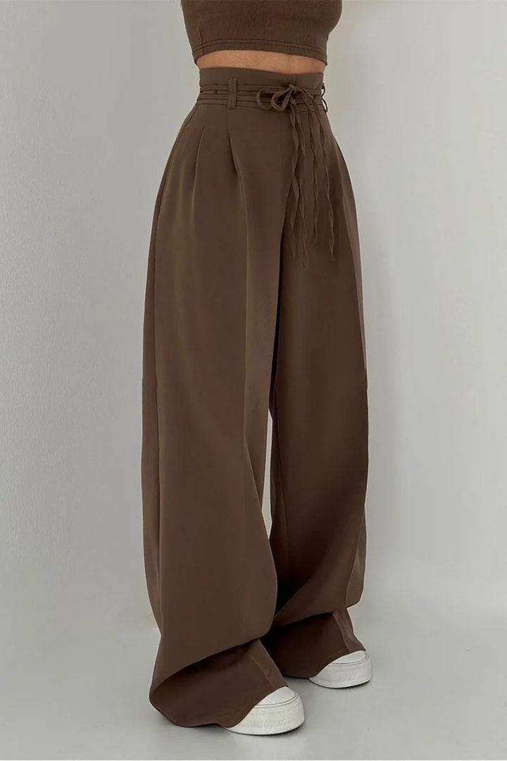 High-Waisted Wide Leg Trousers with Adjustable Belt in Beige, Soft Flowy Fabric, Loose Fit Palazzo Pants