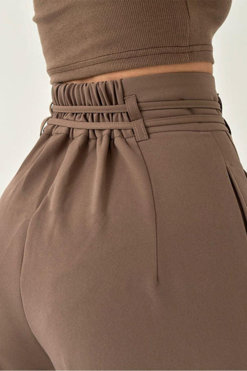 High-Waisted Wide Leg Trousers with Adjustable Belt in Beige, Soft Flowy Fabric, Loose Fit Palazzo Pants