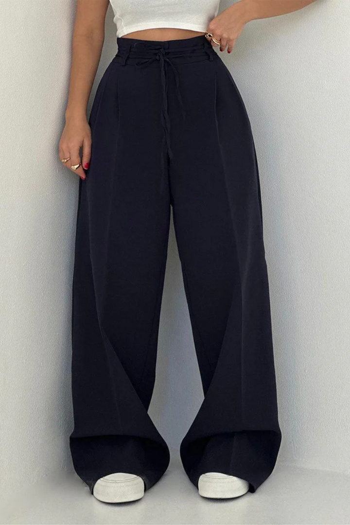 High-Waisted Wide Leg Trousers with Adjustable Belt in Beige, Soft Flowy Fabric, Loose Fit Palazzo Pants