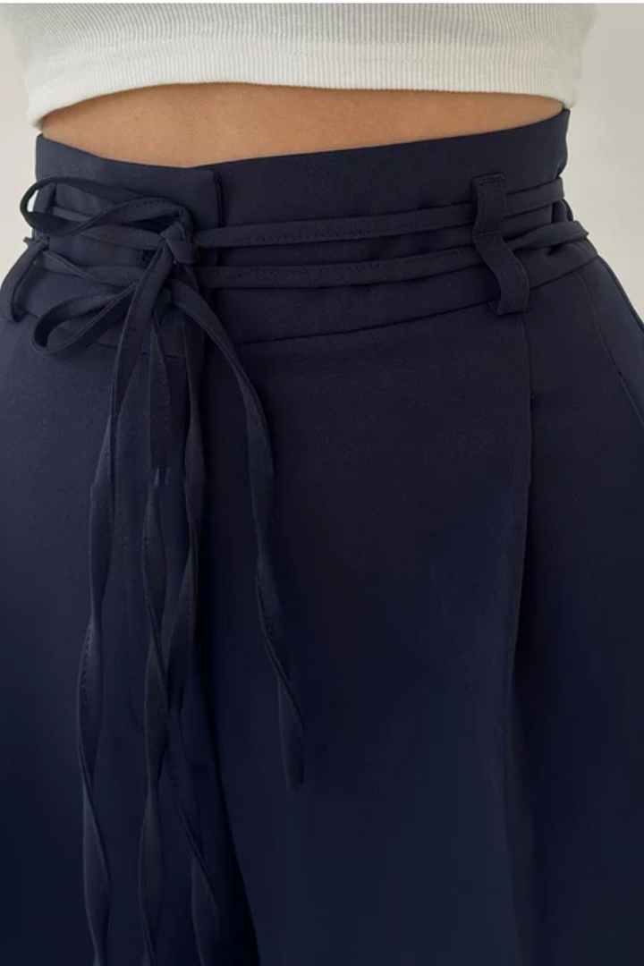 High-Waisted Wide Leg Trousers with Adjustable Belt in Beige, Soft Flowy Fabric, Loose Fit Palazzo Pants