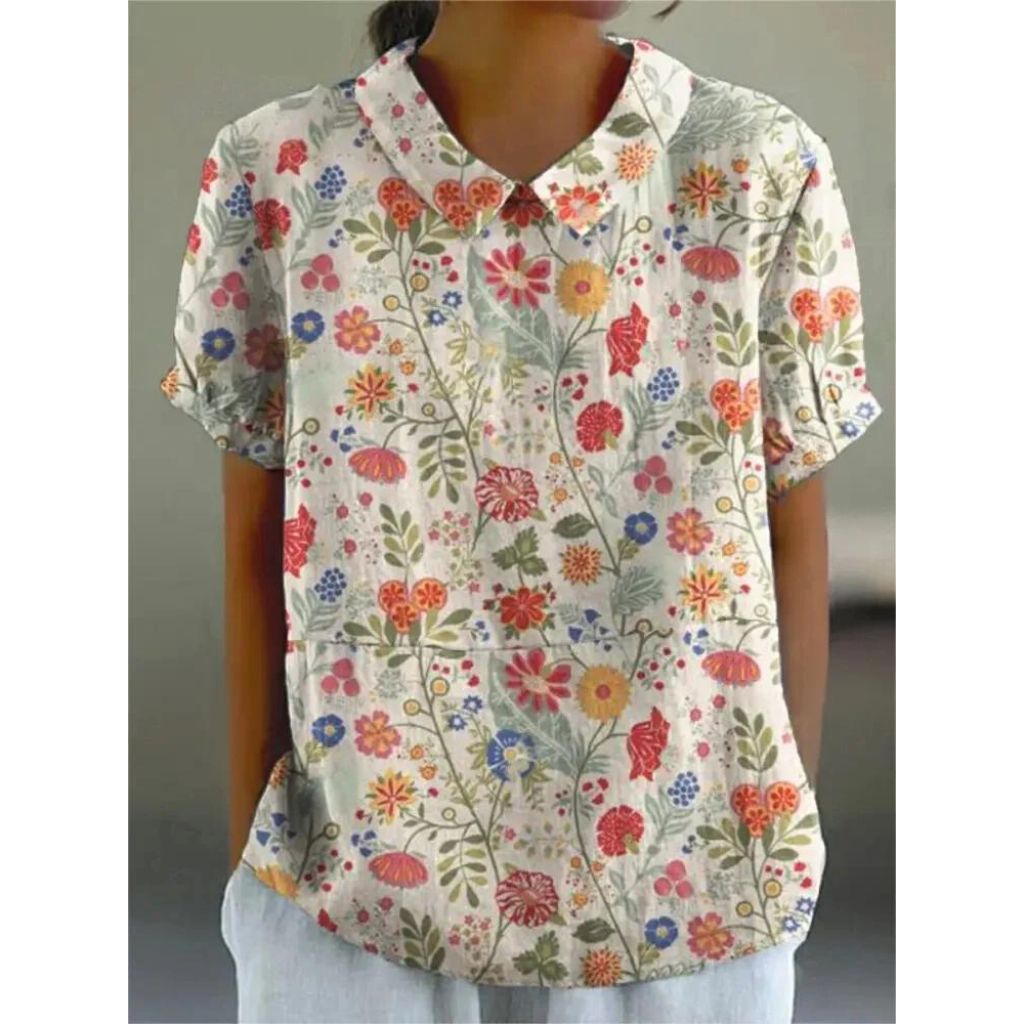 Lightweight women’s blouse – floral design, cotton-linen blend, for casual occasions