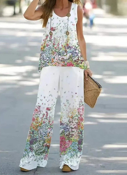 Lightweight women’s two-piece set – artistic floral design, polyester, for all occasions