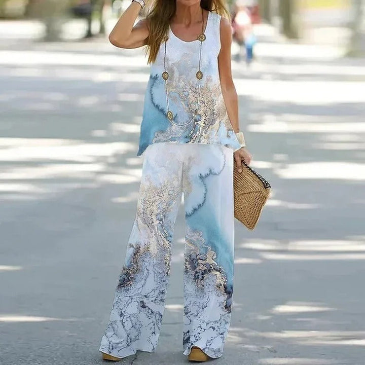 Lightweight women’s two-piece set – artistic floral design, polyester, for all occasions