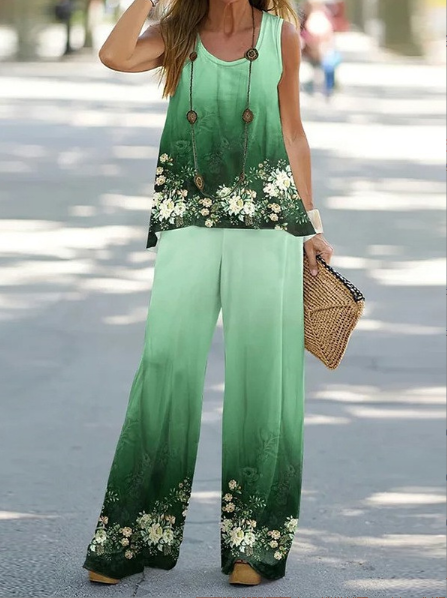 Lightweight women’s two-piece set – artistic floral design, polyester, for all occasions