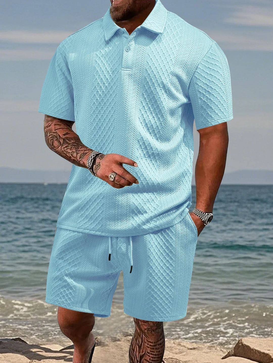 Mens Polo Shirt in Jacquard Fabric, Breathable Short-Sleeved Casual Shirt for Summer Wear