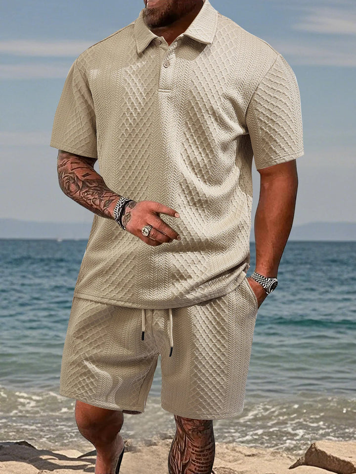 Mens Polo Shirt in Jacquard Fabric, Breathable Short-Sleeved Casual Shirt for Summer Wear