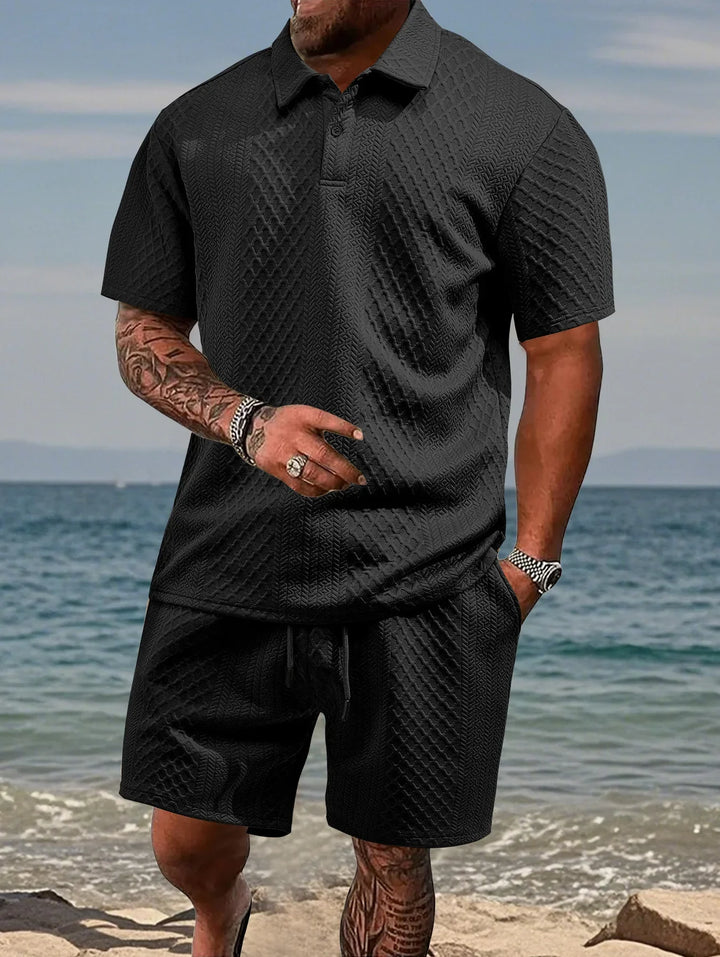 Mens Polo Shirt in Jacquard Fabric, Breathable Short-Sleeved Casual Shirt for Summer Wear