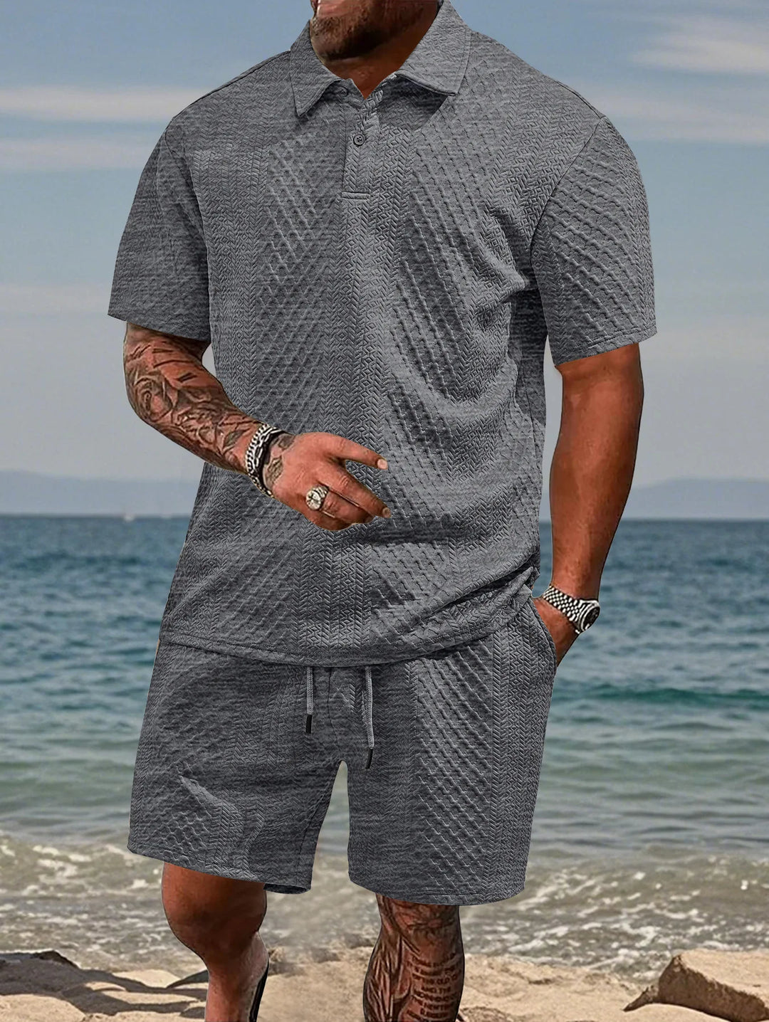 Mens Polo Shirt in Jacquard Fabric, Breathable Short-Sleeved Casual Shirt for Summer Wear