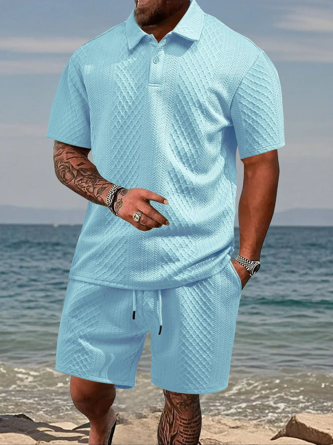 Mens Polo Shirt in Jacquard Fabric, Breathable Short-Sleeved Casual Shirt for Summer Wear