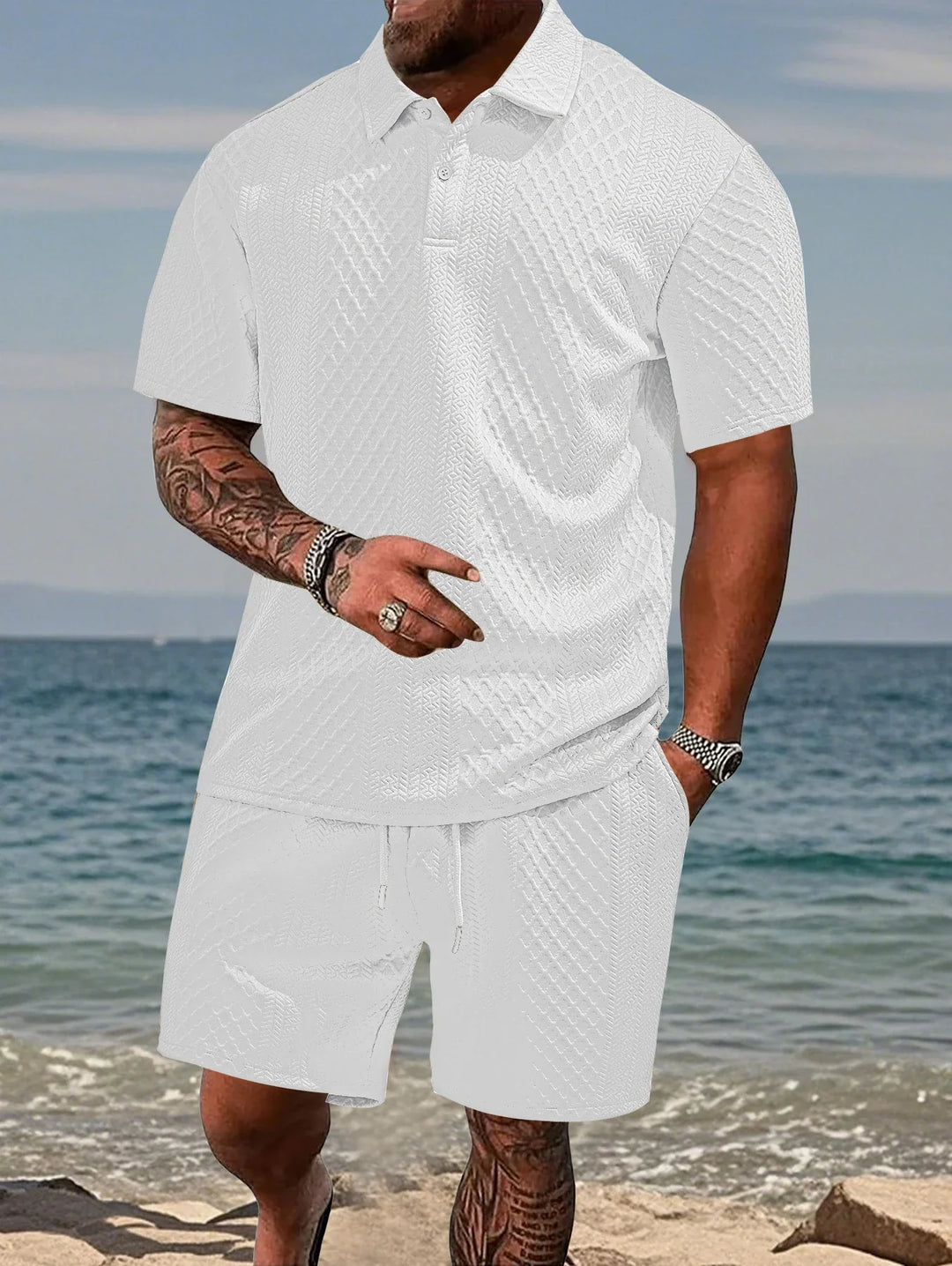 Mens Polo Shirt in Jacquard Fabric, Breathable Short-Sleeved Casual Shirt for Summer Wear