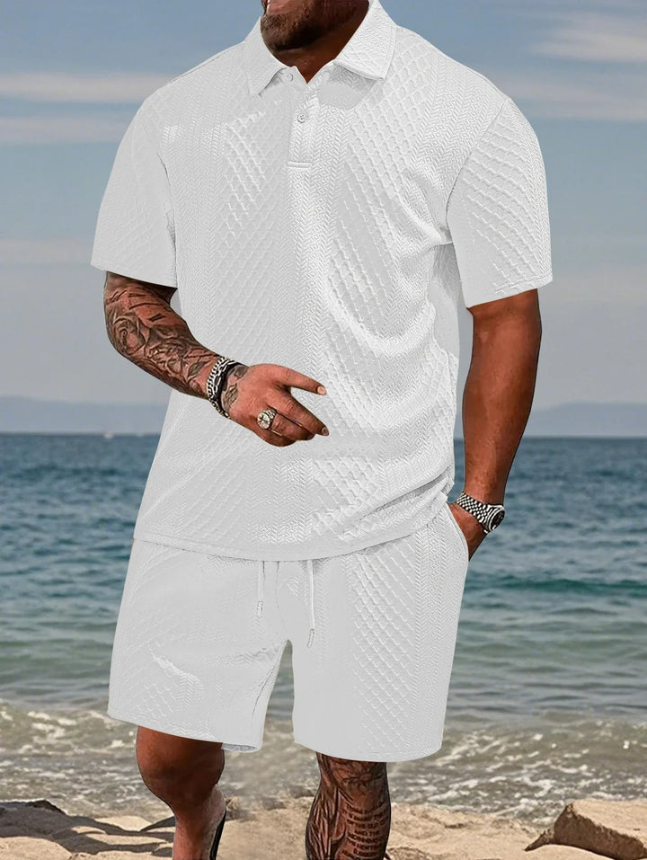 Mens Polo Shirt in Jacquard Fabric, Breathable Short-Sleeved Casual Shirt for Summer Wear