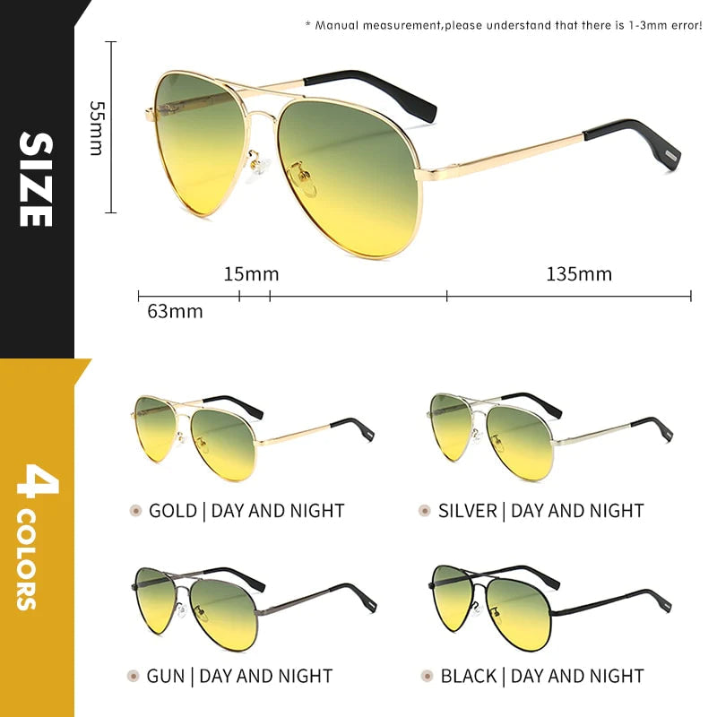 Multifunctional unisex pilot sunglasses – photochromatic polarized lenses, for day and night driving