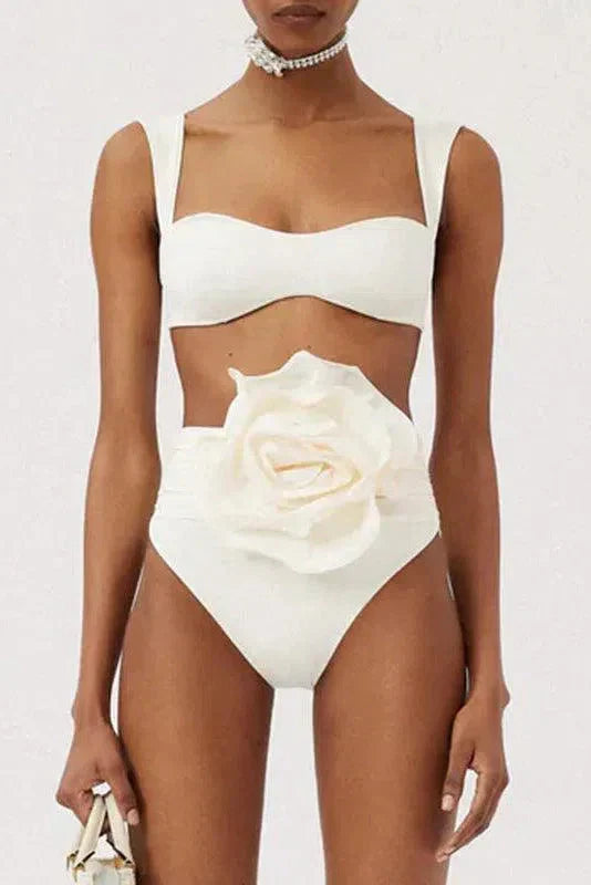 Bikini Set with Floral Embellishment, High Waisted Swimsuit, Ruched High Waist Bikini Bottom for Women