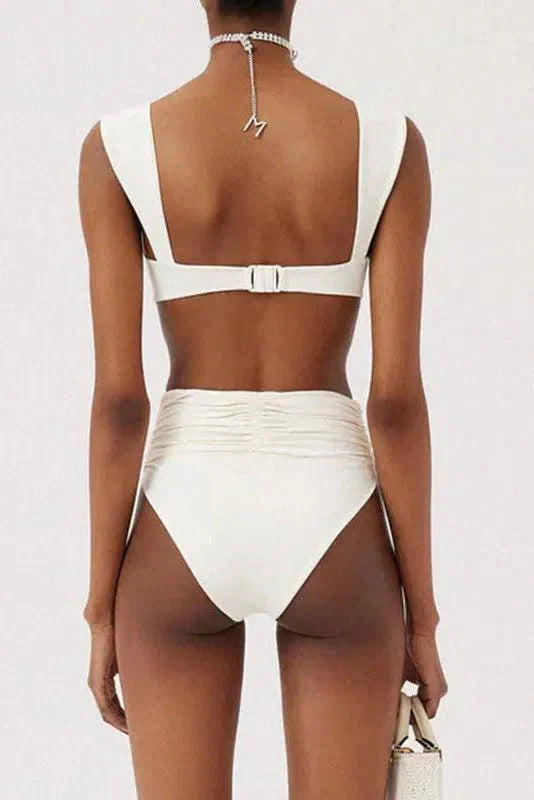 Bikini Set with Floral Embellishment, High Waisted Swimsuit, Ruched High Waist Bikini Bottom for Women